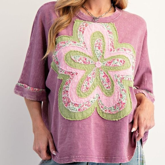 Easel Los Angeles Tops - E22 Easel Dusty Magenta Pink Flower Patch Washed 100% Cotton Slub Top Oversized